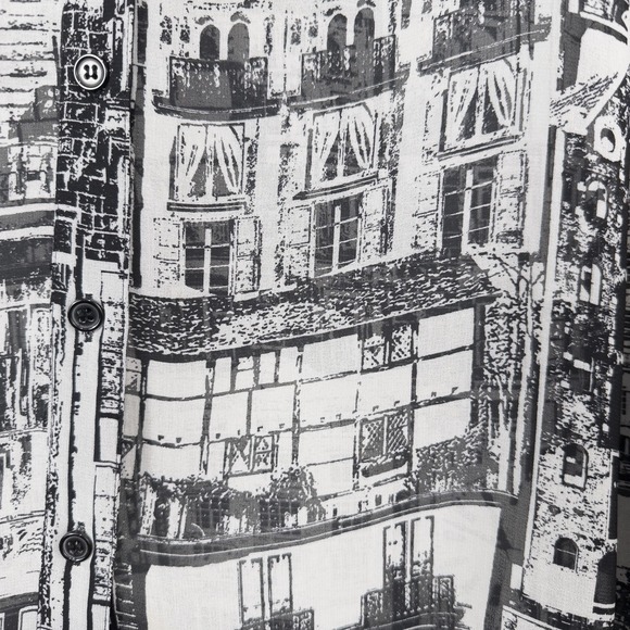 Chicos Cityscape Sheer Chiffon Button Shirt 3 (XL) Monochrome Urban Retro Artsy - Picture 11 of 16